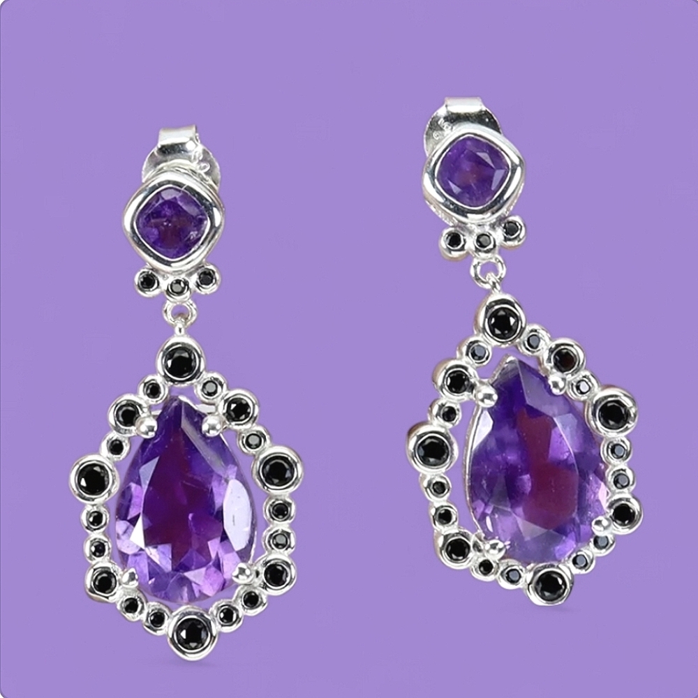 925 Sterling Silver Earrings with Natural Amethyst 12x8mm & Spinel Gemstone